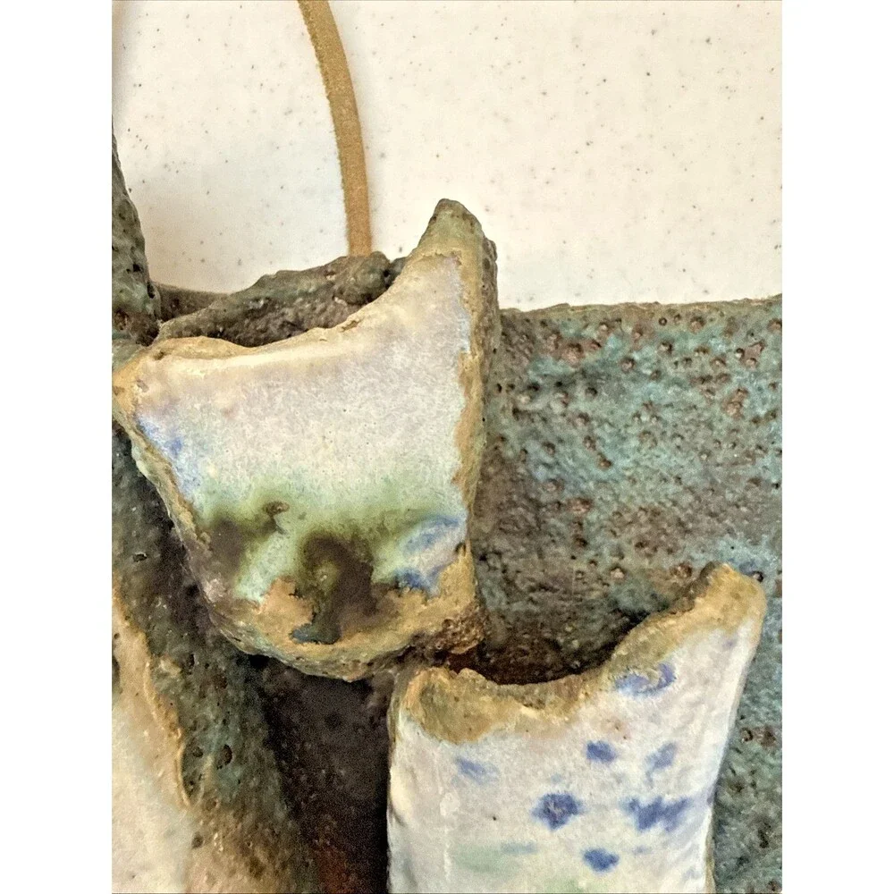Art Pottery Wall Triple Pocket Hand Made Blue Green Speckle Neutral 9” X 9.75”